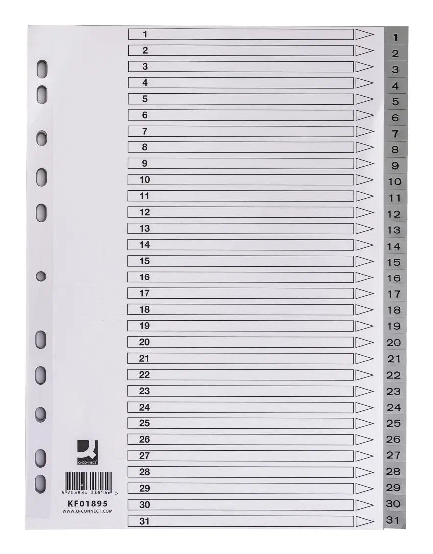 Intercalaires A4 numeriques 1-31 polypro gris
