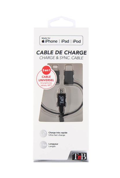 Câble usb multi-connecteurs - 1.5m, noir