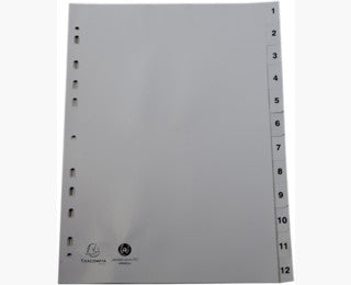 Intercalaires A4 numeriques 1-12  polypro gris