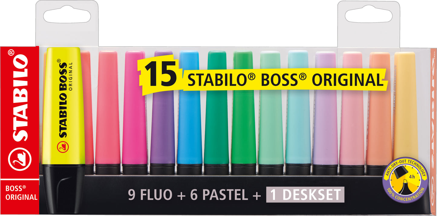 SurligneurStabilo boss  set de bureau - 15 couleurs fluorescentes