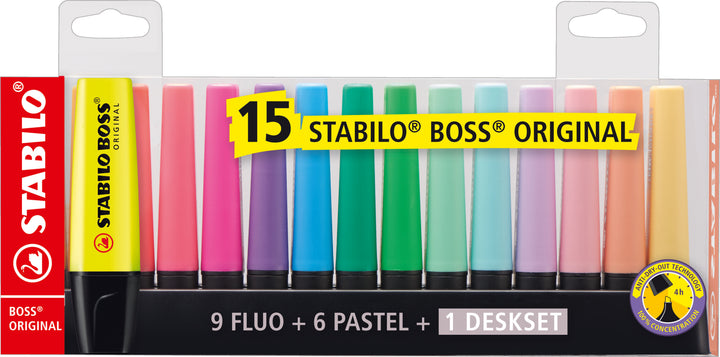 SurligneurStabilo boss  set de bureau - 15 couleurs fluorescentes