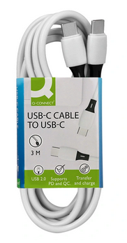 Câble USB-C vers USB-C Q-Connect 3 m blanc charge rapide et données