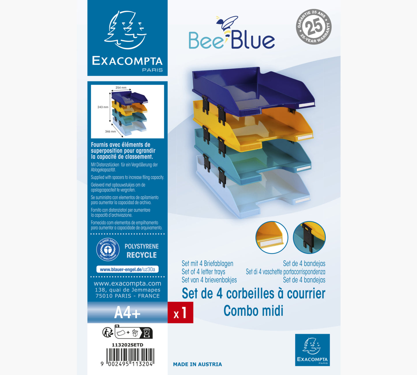 Corbeille courrier bee blue set de 4 -assorti